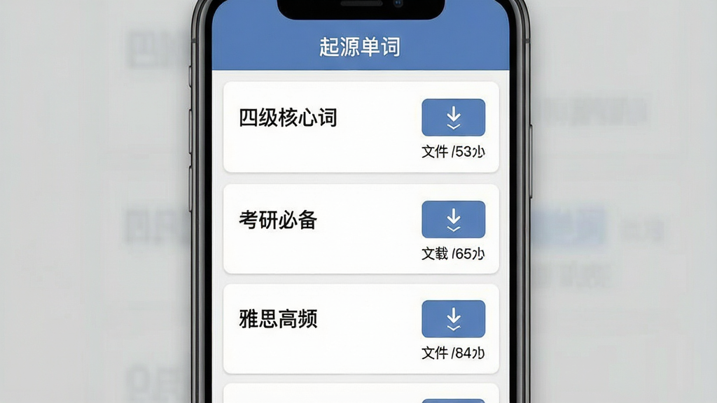 一张展示“起源单词”离线词库下载管理界面的手机应用截图,主体为手机屏幕,画面中显示多个词库卡片列表,包括“四级核心词”“考研必备”“雅思高频”等,每个卡片右侧有下载按钮和文件大小标注,顶部有“起源单词”文字标识,布局为纵向列表排版,风格简洁工具类应用,细节规整,画质清晰干净,无多余元素。
