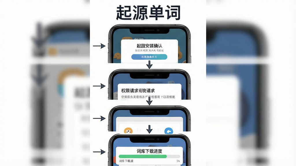 一张展示“起源单词”安装与设置流程的示意图,主体为手机屏幕界面截图合集,画面从上到下依次展示应用安装确认弹窗、权限请求页面、词库下载进度条三个场景,每个场景有简单箭头连接,顶部有“起源单词”文字标识,布局为纵向流程排版,风格清晰教程类插图,细节干净,画质高清,无多余元素。