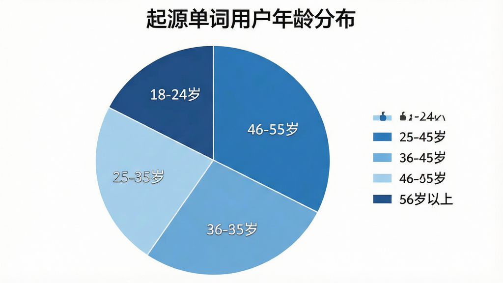 一张展示“起源单词”用户年龄分布数据的饼状图,主体为圆形饼图,画面分为五个扇形区域,分别标注“18-24岁”“25-35岁”“36-45岁”“46-55岁”“56岁以上”五个年龄段,每个区域用不同深浅的蓝色系填充,饼图右侧有图例说明,顶部有“起源单词用户年龄分布”文字标题,布局居中,风格数据可视化图表,细节清晰,画质干净,无多余装饰元素。