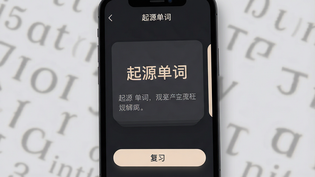 一张展示“起源单词”夜间模式学习界面的手机应用截图,主体为手机屏幕特写,画面背景为深灰色,中央显示单词卡片和释义文字为浅色柔和字体,底部有复习按钮,顶部有“起源单词”文字标识,布局简洁,排版舒适,风格暗色系护眼应用,细节清晰,画质干净,无多余元素。