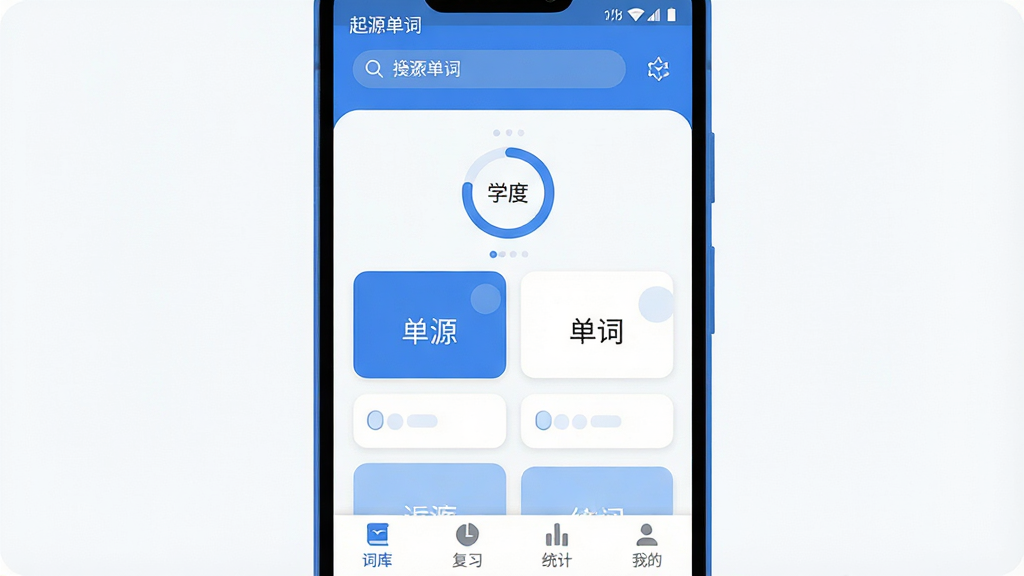 一张展示“起源单词”应用核心界面的竖版手机截图风格插画,主体是一部居中放置的安卓手机,屏幕显示“起源单词”App的主界面,布局简洁,顶部有搜索栏和每日学习进度环,中间是单词卡片展示区,底部为词库、复习、统计、我的四个标签栏,排版清晰,风格现代扁平化,细节圆润,蓝白主色调,干净无多余元素,高清画质。