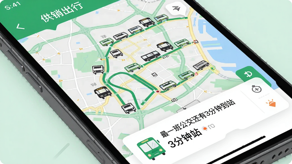 �ֻ���Ļ��д��չʾ���������С�APP�ĳ��з���ҳ�棬��ͼ����ʾ����������·��ʵʱ����λ�ã��ײ���Ƭ��ʾ���һ�๫������3���ӵ�վ��������ɫ���£���ɫΪ�����������������ʸɾ�