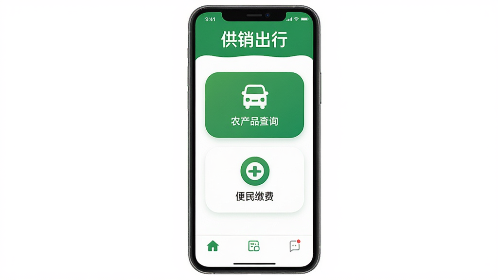 һ��չʾ�ֻ���Ļ��ͼ����ƣ���Ļ�����ǡ��������С�APP�������棬��������ɫ�Ͱ�ɫΪ��ɫ����������ʾ���������С��ĸ��֣��м��г��з���ũ��Ʒ��ѯ������ɷ�������ͼ�갴ť���ײ��ǵ�������������ִ���ƽ�������ʸɾ��������޶���Ԫ��