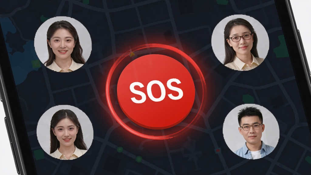 TanHuiJia һ����������չʾ���ֻ���Ļ������һ����Ŀ�ĺ�ɫԲ�ΰ�ťд�š�SOS������Χ������������ͥ��Աͷ�񣬱�������ɫ��ͼ���棬��ť�������Ч���������������ȿ��ţ����������޶���Ԫ��
