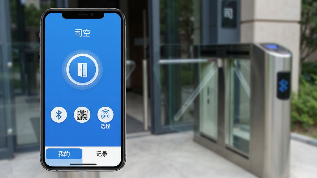一张展示智能手机屏幕的图片,屏幕上显示着“司空”App的蓝色主界面,界面中央有一个醒目的圆形开门按钮,按钮下方排列着蓝牙、二维码、远程三个功能图标,界面底部有“我的”和“记录”两个选项卡,背景是虚化的现代小区门禁闸机实景,整体风格现代简洁,画质干净清晰无多余元素
