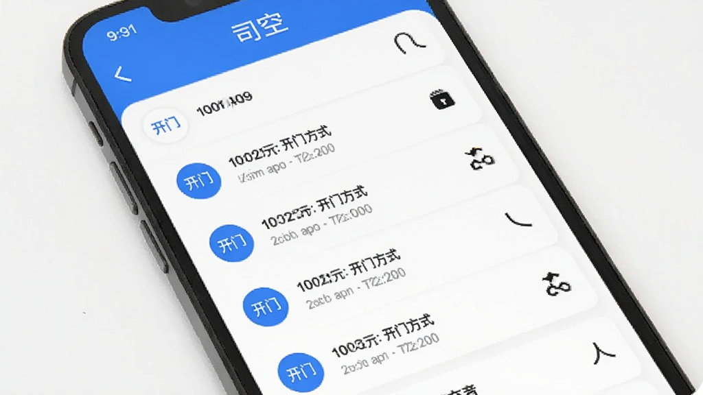手机屏幕展示“司空”App的开门记录列表,列表按时间倒序排列,每一条记录显示开门时间、开门方式和开门人,界面简洁,蓝色图标点缀,背景为白色,画质干净清晰