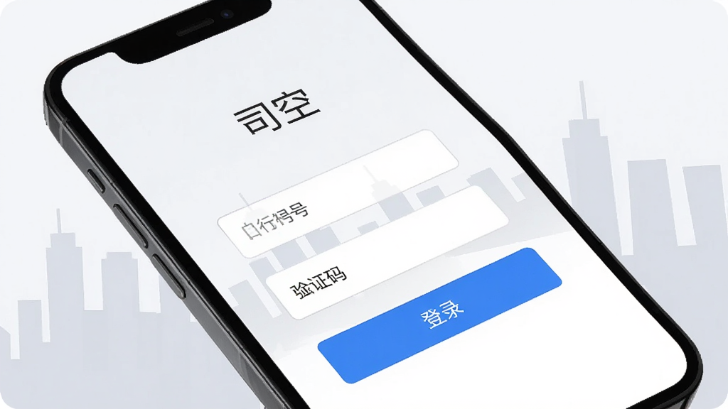 一部手机屏幕显示“司空”App的登录页面,页面上有手机号输入框和验证码输入框,下方有一个蓝色的“登录”按钮,背景是浅灰色的城市剪影,整体风格简洁现代,画质干净无多余元素