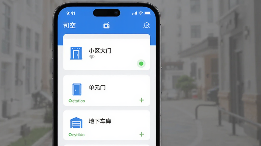 一部手机屏幕显示“司空”App的设备管理页面,页面上列出了“小区大门”“单元门”“地下车库”三个设备卡片,每个卡片有对应的图标和在线状态,界面清爽,蓝白配色,画质干净