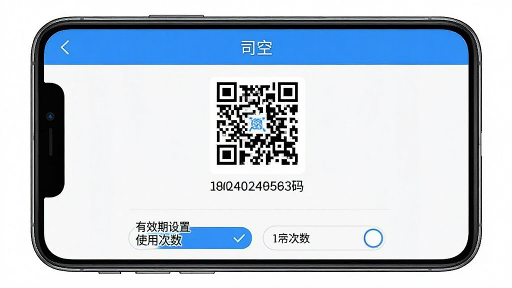 一张手机截图风格图片,展示“司空”App的访客邀请页面,页面上有一个二维码和一行数字邀请码,下方有“有效期设置”和“使用次数”选项,界面配色以蓝白为主,整体排版清晰,画质干净无多余元素