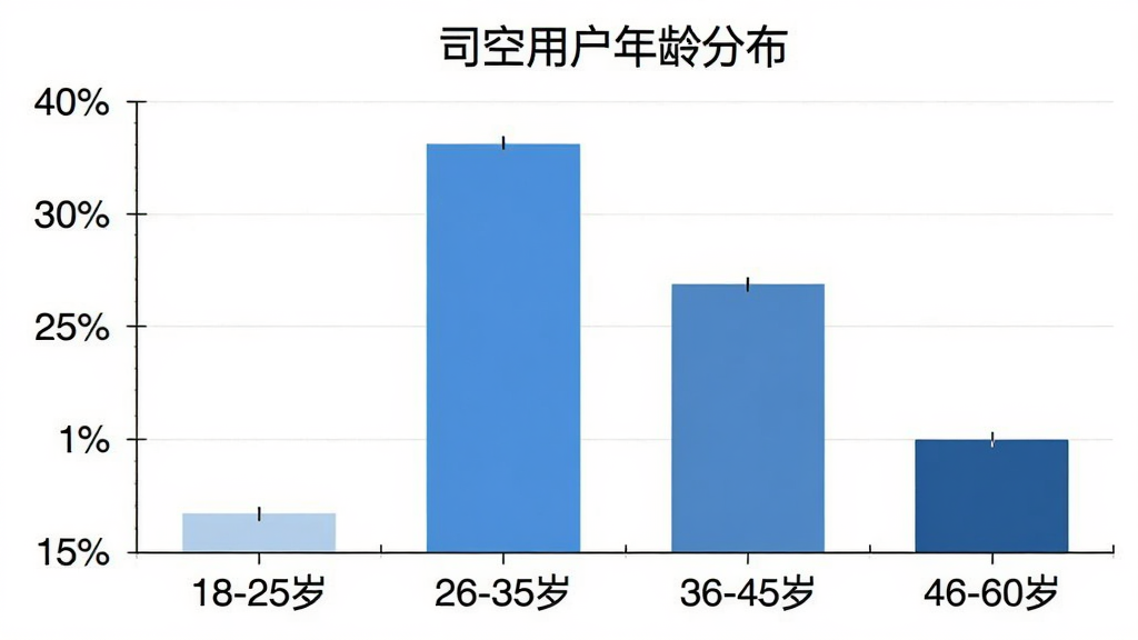 一张柱状图,横轴为年龄段“18-25岁”“26-35岁”“36-45岁”“46-60岁”,纵轴为用户占比百分比,柱子高度分别约为15%、40%、30%、15%,图表标题为“司空用户年龄分布”,配色为蓝色系,风格简洁清晰