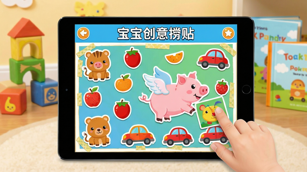 一张展示宝宝创意拼贴应用界面的图片,画面中央是平板电脑屏幕,屏幕里显示着色彩鲜艳的拼贴画布,画布上散布着卡通动物、水果、汽车等拼贴素材,几个素材正被拖拽组合成一只长着翅膀的小猪,屏幕上方有“宝宝创意拼贴”的应用标题,背景是温馨的儿童房布置,有积木和绘本,整体风格明亮活泼,卡通质感,细节清晰,画质干净无多余元素