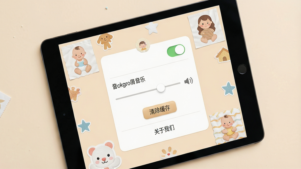 一张展示宝宝创意拼贴设置界面的图片,画面中平板屏幕上显示着设置菜单,包含音效开关、背景音乐音量滑块、清除缓存按钮、关于我们等选项,界面设计简洁,图标清晰,背景是柔和的米黄色,整体风格干净清爽,细节清晰,画质干净无多余元素