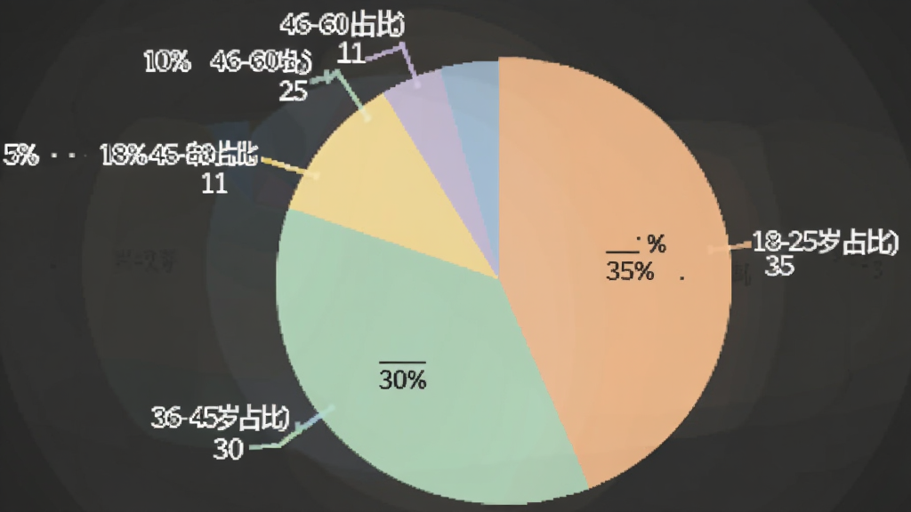 词芽单词用户年龄分布饼状图,图表展示18-25岁占比35%,26-35岁占比30%,36-45岁占比20%,46-60岁占比10%,60岁以上占比5%,画面风格数据可视化,配色柔和,画质干净,无多余元素