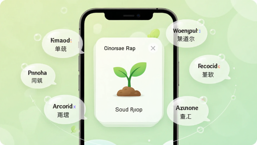 词芽单词应用主界面展示,手机屏幕中央显示每日单词卡片和发芽的小树苗图标,周围环绕着英文单词和中文释义的浮动气泡,背景是柔和的浅绿色渐变,画面风格清新简约,细节干净,画质清晰,无多余元素