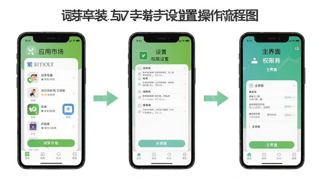 词芽单词安装与设置操作流程图,手机屏幕展示从应用市场搜索到权限设置再到主界面的分步截图,画面风格教程图解,配色清晰,画质干净,无多余元素