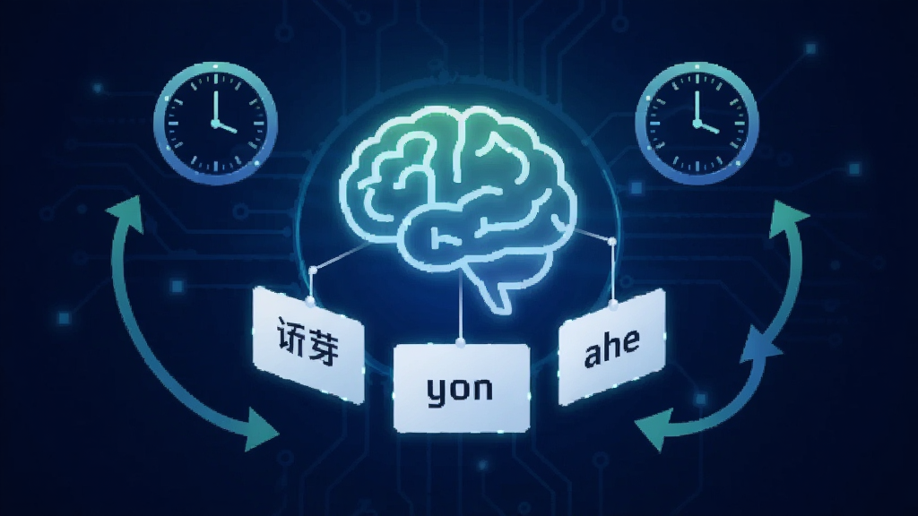 词芽单词智能记忆算法示意图,画面中央是一个发光的大脑图标与单词卡片相连,周围有表示时间间隔的时钟和循环箭头,背景为深蓝色科技感渐变,画面风格现代简洁,画质干净,无多余元素