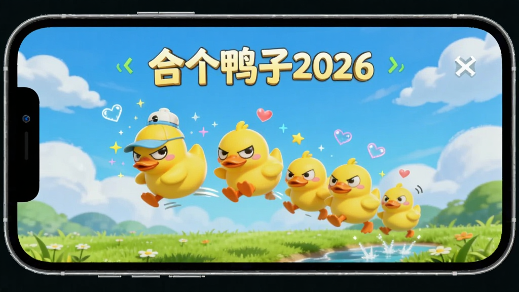 һ���ֻ���Ļ��д�����������ǡ��ϸ�Ѽ��2026������Ϸ�����棬���������µ�������ƺ���ɫ�ݵأ����������Ǽ�ֻ���Ϳɰ���������ȵĿ�ͨС��Ѽ�����Ŷ���ˮ����Χ�����ǺͰ�����Ч��������ͨ������ɫ�����죬���ʸɾ����޶���Ԫ��