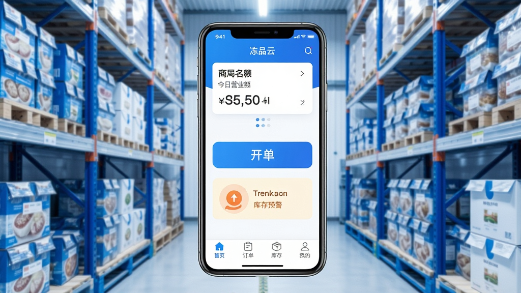 ��Ʒ��Ӧ��������ȫòչʾ�������������ֻ���Ļ����Ļ����ʾ��Ʒ��APP����ҳ���������̻����ƺͽ���Ӫҵ�����ݿ�Ƭ���м�����Ŀ�Ŀ�����ť�Ϳ��Ԥ��ͼ�꣬�ײ�������������ʾ����ҳ��������������桱���ҵġ�����������������������ŵ��䶳ʳƷ��װ�䣬����ɫ���ԿƼ���������Ϊ��������ִ���࣬ϸ�����������ʸɾ����޶���Ԫ��