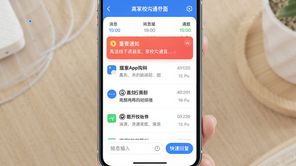 高途线下App家校沟通界面,消息列表按时间排列,重要通知标红置顶,底部有输入框和快捷回复按钮,界面干净,文字清晰,蓝白配色,画质干净无多余元素