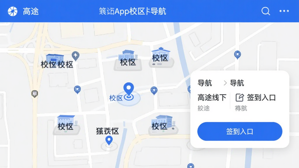高途线下App校区导航界面,地图上标注多个校区位置,选中校区后弹出导航按钮和签到入口,界面简洁,蓝白主色调,文字标签明确,画质干净无多余元素