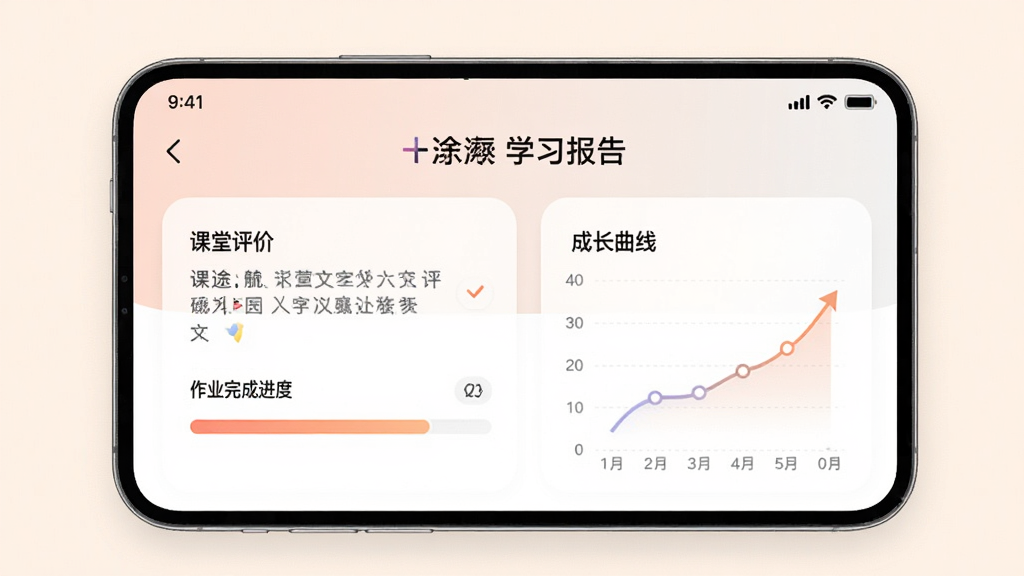 高途线下App学习报告页面,包含课堂表现文字评价、作业完成进度条和成长曲线图,界面排版清晰,配色柔和,画质干净无多余元素