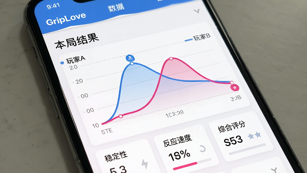 一张手机屏幕截图,显示“GripLove”的数据反馈页面,上方有“本局结果”标题,中间是两条彩色曲线图,一条蓝色一条粉色,分别标注“玩家A”“玩家B”,下方有“稳定性”“反应速度”“综合评分”三个数据卡片,风格现代扁平,画质干净,无多余元素