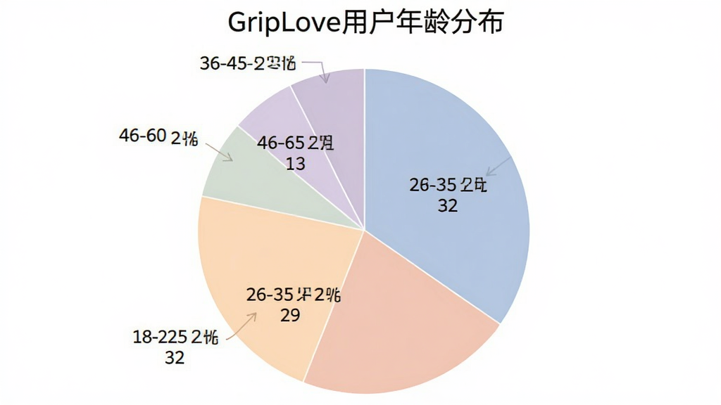 一张饼状图,标题为“GripLove用户年龄分布”,图中显示18-25岁占32%,26-35岁占29%,36-45岁占23%,46-60岁占16%,配色柔和,标签清晰,风格简洁,画质干净,无多余元素