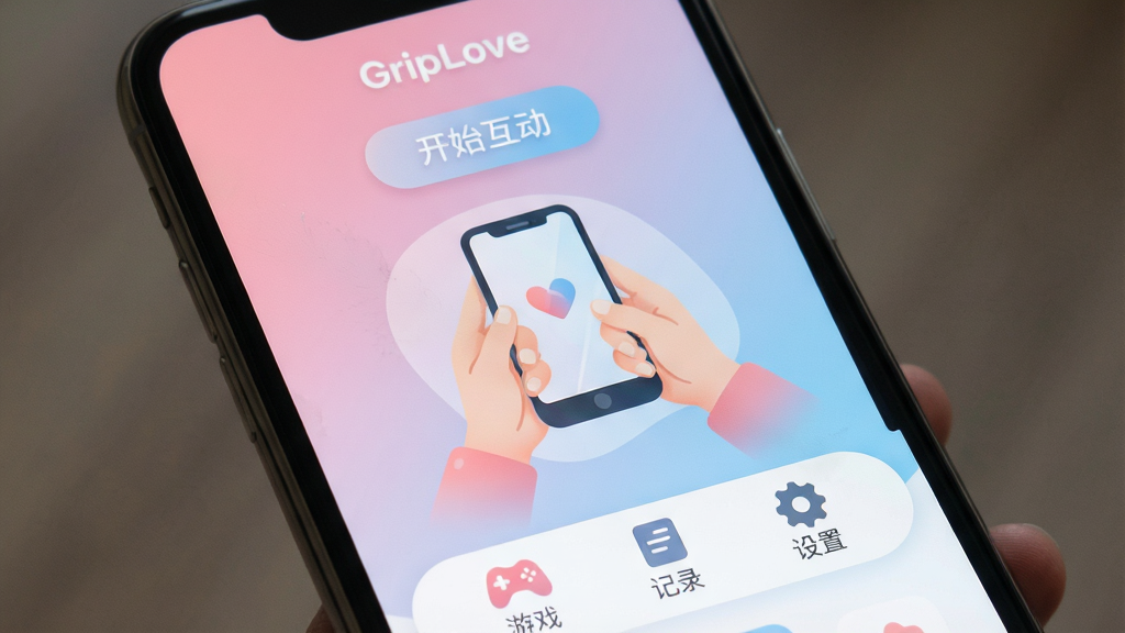 一张手机屏幕特写,画面中央显示“GripLove”应用主界面,界面以柔和的粉蓝渐变为主色调,顶部有“开始互动”按钮,中间是两只手握住手机两端的插画,底部有“游戏”“记录”“设置”三个图标,风格清新简洁,细节圆润,画质干净,无多余元素