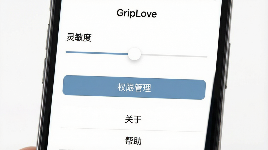 一张手机界面截图,显示“GripLove”的设置页面,上方有“灵敏度”滑动条,中间有“权限管理”按钮,下方有“关于”和“帮助”选项,背景为白色,文字清晰,风格简洁,画质干净,无多余元素