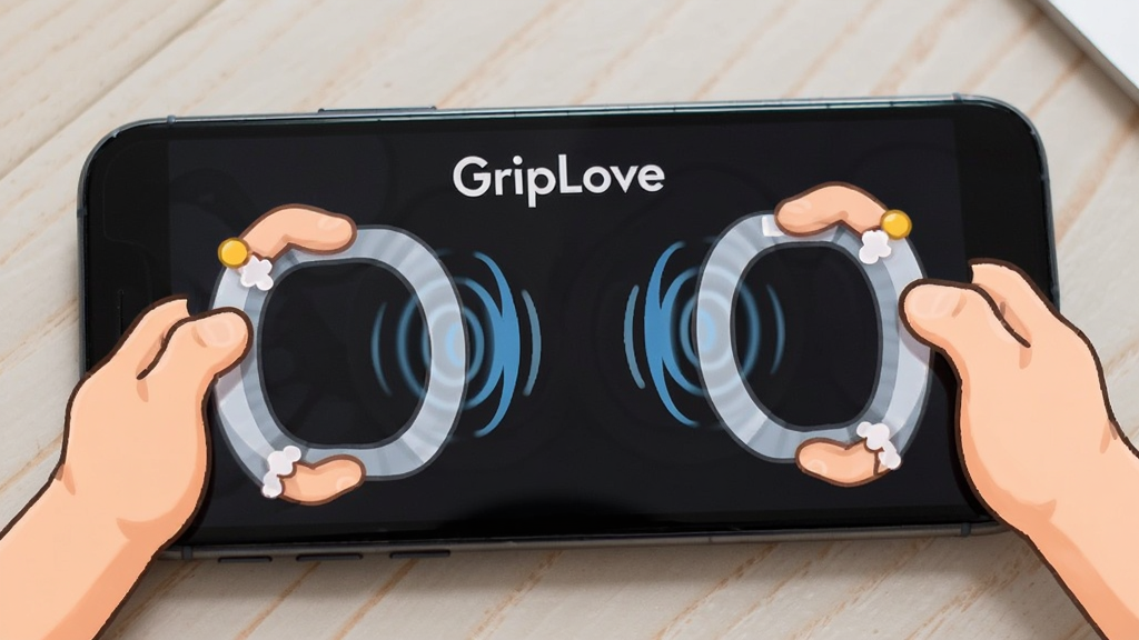 一张手机平放在桌面上,屏幕显示“GripLove”握力感应界面,画面中有两只卡通手分别握住手机左右两端,中间有动态波纹效果,背景是浅色木纹桌面,风格活泼,画质清晰,无多余元素