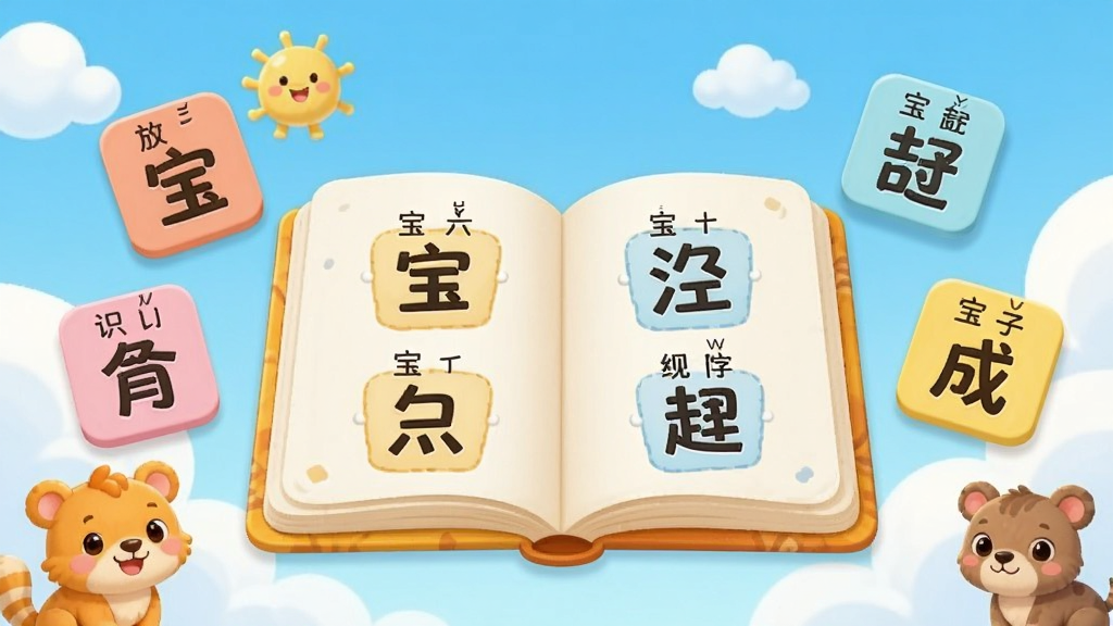 宝宝识字学汉字儿童早教应用主界面展示,画面中央是一本翻开的卡通识字绘本,周围漂浮着带有拼音和汉字的彩色字卡,背景是明亮的天空和卡通小动物,整体布局清晰,以暖黄色和天蓝色为主色调,风格可爱童趣,细节圆润,画质干净无多余元素