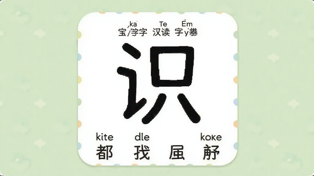 宝宝识字学汉字字卡认读功能界面,展示一个大大的汉字卡片居中排列,卡片上方有拼音标注,下方有组词示例,背景是柔和的浅绿色,界面布局简洁,风格清新儿童化,画质干净无多余元素