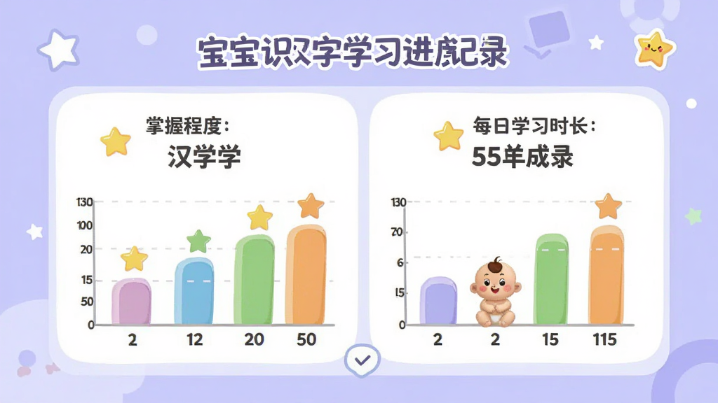 宝宝识字学汉字学习进度记录界面,画面展示一个儿童学习数据面板,包含已学汉字数量、掌握程度和每日学习时长,用卡通柱状图和星星图标呈现,背景是淡紫色,布局整齐,风格现代儿童化,画质干净无多余元素