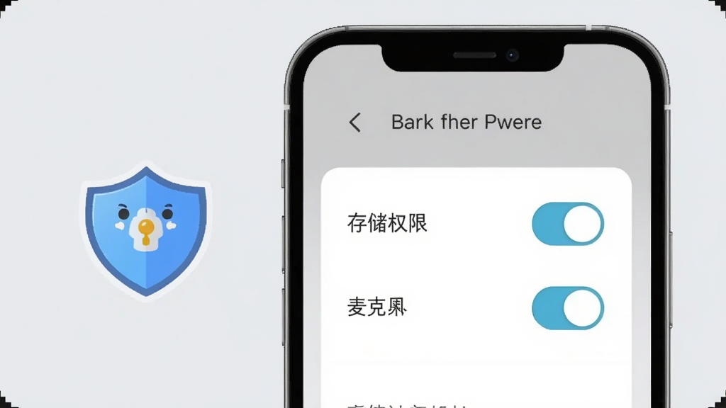 宝宝识字学汉字移动端安装设置界面,画面展示手机屏幕上的权限管理页面,包含存储权限和麦克风权限开关,旁边有一个卡通小盾牌图标表示安全提示,背景是浅灰色,布局清晰,风格简洁现代,画质干净无多余元素