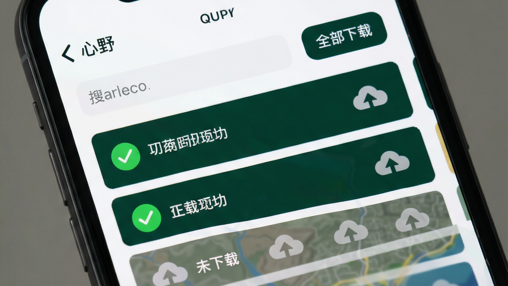 手机屏幕显示「心野」App的离线地图下载管理界面,列表中已下载的区域显示绿色对勾,未下载的显示灰色云朵图标,顶部有搜索框和「全部下载」按钮,界面风格扁平化,以白色和墨绿色为主,文字清晰,画质干净