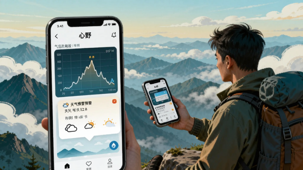 户外场景中,一位背包客站在山顶查看手机,手机屏幕显示「心野」App的界面,界面中央是气压海拔曲线图和天气预警弹窗,背景是层叠的山峦和流动的云层,风格写实偏插画,色彩以蓝绿和暖橙为主,画面干净,重点突出手机屏幕内容,画质清晰
