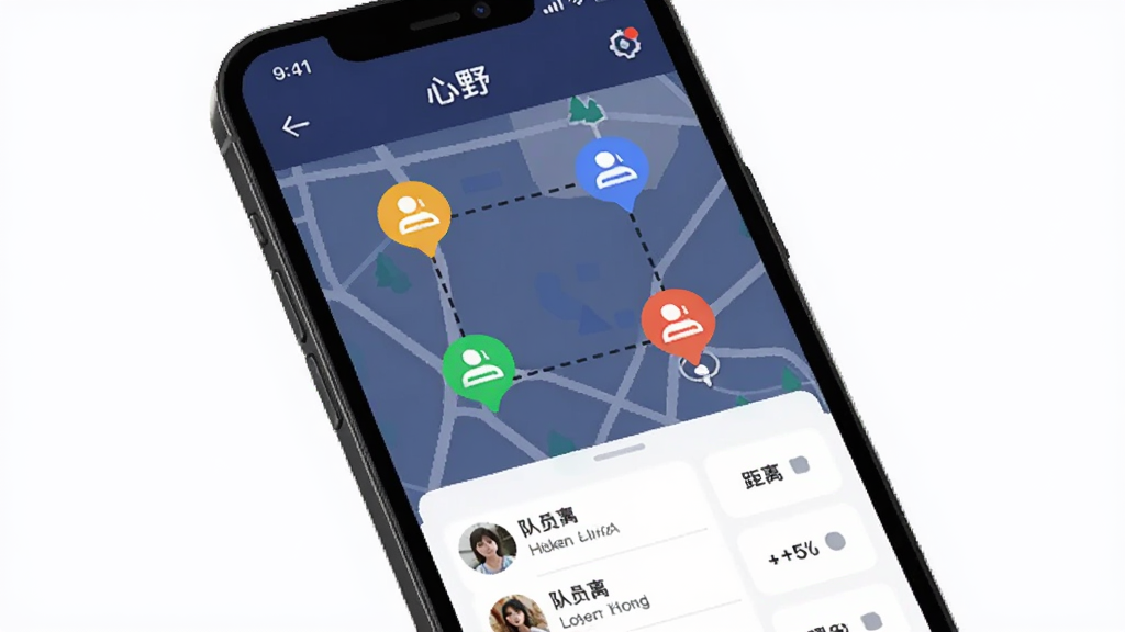 手机屏幕展示「心野」App的组队位置共享界面,地图上有四个不同颜色的头像标记,彼此之间用虚线连接,底部显示队员列表和距离信息,界面风格简洁现代,以深蓝色为背景,标记点用亮色区分,画质干净,无杂乱元素