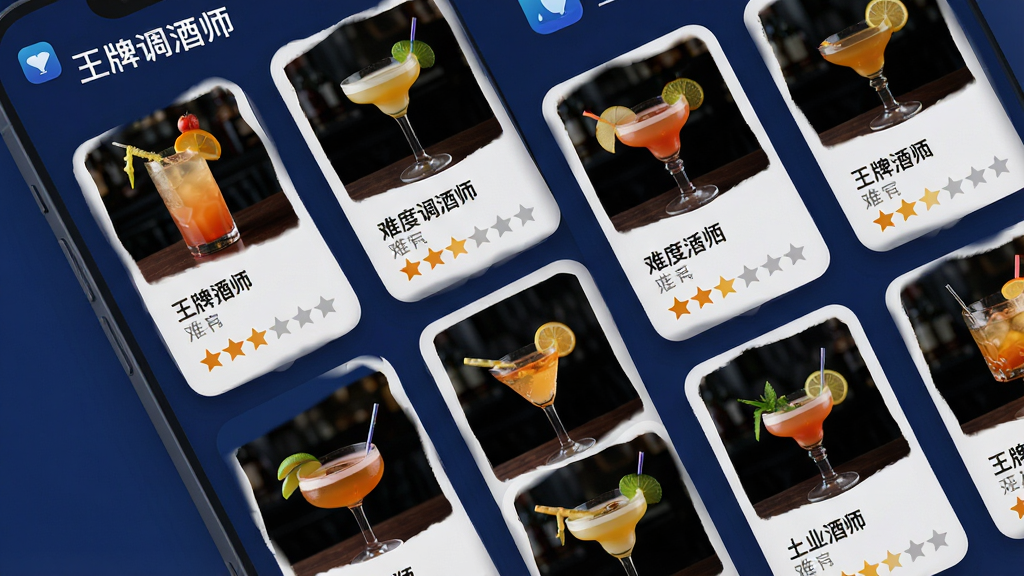 手机屏幕显示“王牌调酒师”应用界面,屏幕上排列着各种鸡尾酒配方卡片,每张卡片上有饮品图片、名称和难度星级,界面背景为深蓝色调,卡片带有轻微阴影和圆角,整体风格现代简约,画质清晰干净无多余元素