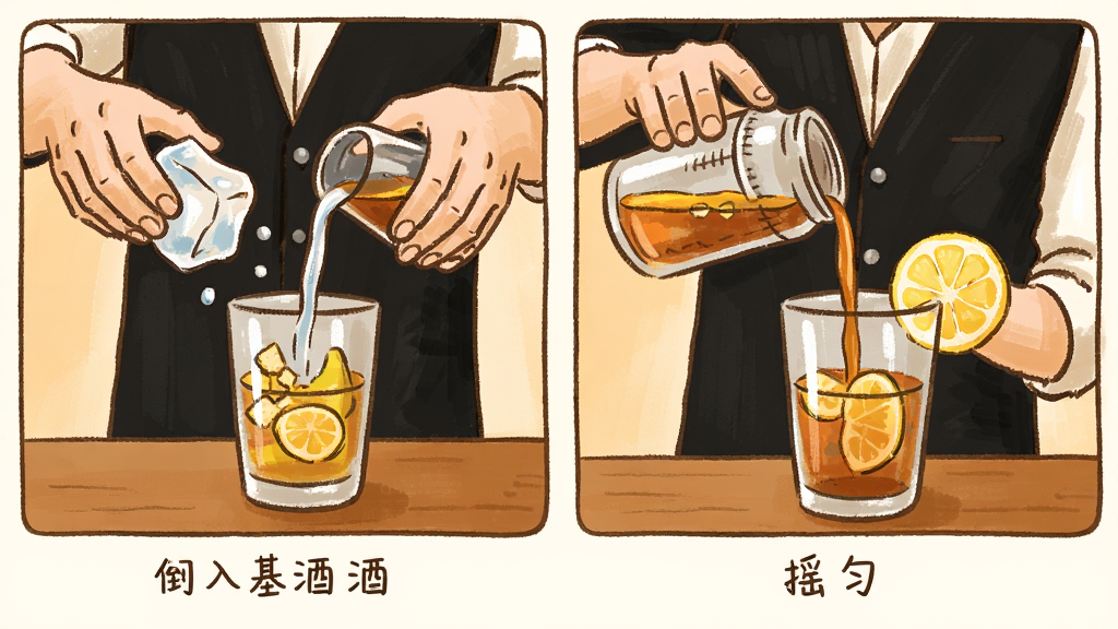 调酒步骤分解图,画面分为四个小格,分别展示加冰、倒入基酒、摇匀、装饰柠檬片的过程,每格下方配有简短文字说明,整体色调温暖,手绘风格,画质干净无多余元素