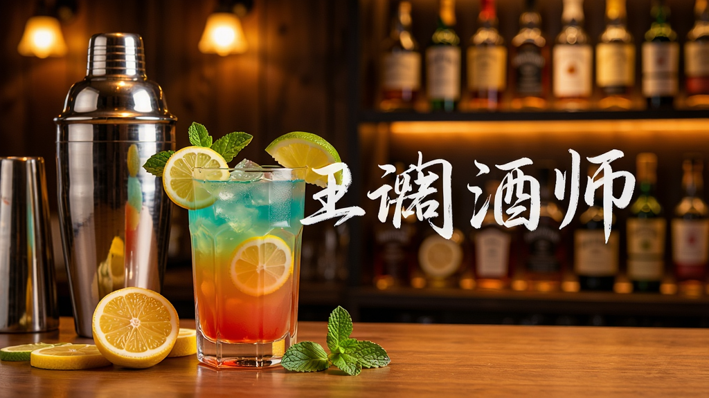 一杯色彩鲜艳的鸡尾酒放在木质吧台上,旁边散落着柠檬片、薄荷叶和调酒壶,背景是暖色调的灯光和摆满酒瓶的置物架,画面中央用白色手写体写着“王牌调酒师”,整体风格轻松明快,细节丰富,画质清晰干净无多余元素