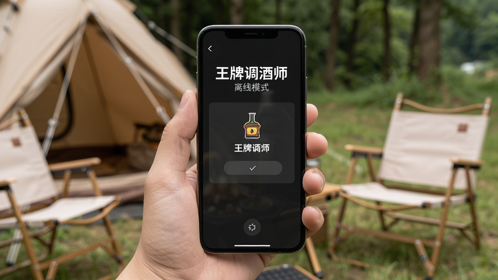 一只手拿着手机,手机屏幕显示“王牌调酒师”离线模式界面,背景是户外露营场景,有帐篷和折叠椅,画面整体色调自然,突出手机屏幕内容,画质清晰干净无多余元素