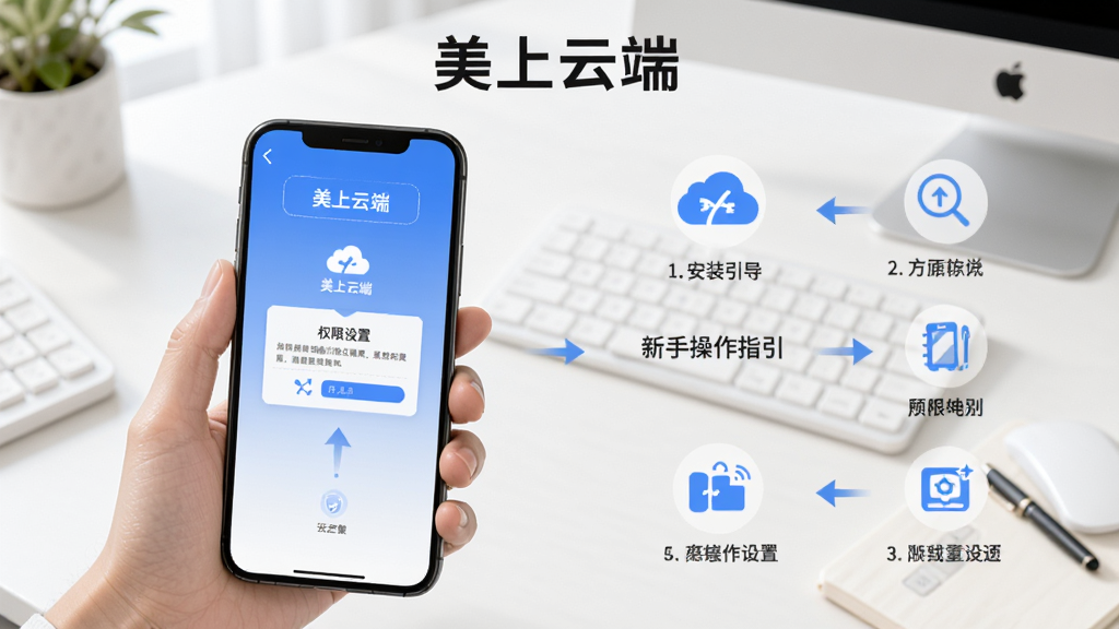 美上云端新手操作指引示意图,画面是一只手拿着手机,屏幕上显示美上云端的安装引导页面和权限设置弹窗,旁边有简洁的图标和箭头指示操作步骤,背景是干净的桌面环境,风格清新明快,画质清晰,图片中文字包含“美上云端”