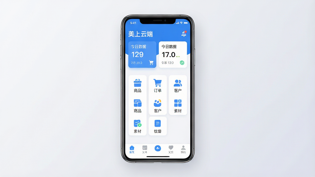 美上云端软件核心全貌展示图,画面中央是一部智能手机,屏幕显示美上云端App的主界面,界面以干净的蓝白配色为主,顶部有店铺名称和今日数据概览卡片,中间是功能图标网格包含商品、订单、客户、素材等模块,底部是导航栏,背景是柔和的浅灰色渐变,整体风格现代简约扁平化,细节圆润,画质清晰干净,无多余元素,图片中文字必须包含“美上云端”