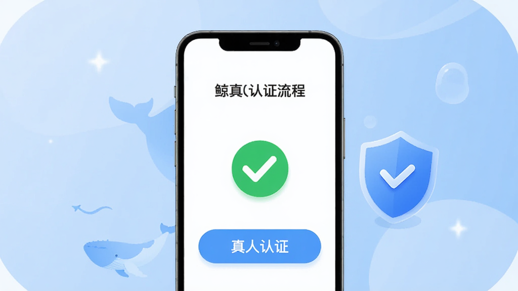 一张展示“鲸智谷交友”真人认证流程的示意图,画面主体是一个手机屏幕,屏幕上显示“真人认证”按钮和认证成功的绿色对勾,旁边有一个盾牌图标代表安全,背景是柔和的蓝色调,风格简洁明快,画质干净,无多余元素。
