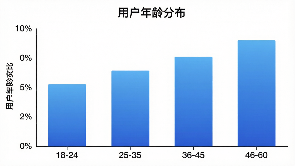 一张展示“鲸智谷交友”用户年龄分布的柱状图,横轴为年龄段18-24、25-35、36-45、46-60,纵轴为用户占比,柱状图颜色为蓝色渐变,图表标题为“用户年龄分布”,背景白色,风格简洁专业,画质清晰,无多余元素。