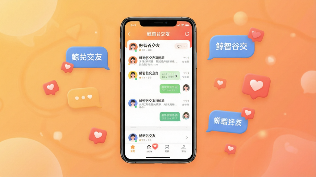 一张展示“鲸智谷交友”App核心界面的手机样机图,画面中央是手机屏幕,屏幕内显示“鲸智谷交友”的聊天列表和匹配界面,背景是温馨的暖色调渐变,周围漂浮着聊天气泡和爱心图标,风格现代扁平,细节圆润,画质干净清晰,无多余元素。