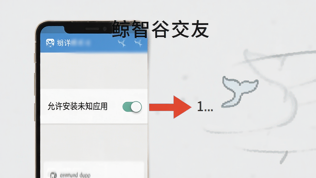 一张展示“鲸智谷交友”在安卓手机上安装权限设置的示意图,画面中是一个手机屏幕,显示“允许安装未知应用”的开关按钮,旁边有箭头指示操作步骤,背景是浅灰色,风格简洁明了,画质清晰,无多余元素。