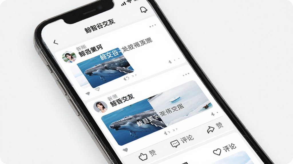 一张展示“鲸智谷交友”动态广场页面的手机界面图,画面中显示几条用户动态,配有图片和文字,下方有点赞和评论图标,界面布局清晰,以白色和浅灰色为主,风格清新,画质干净,无多余元素。
