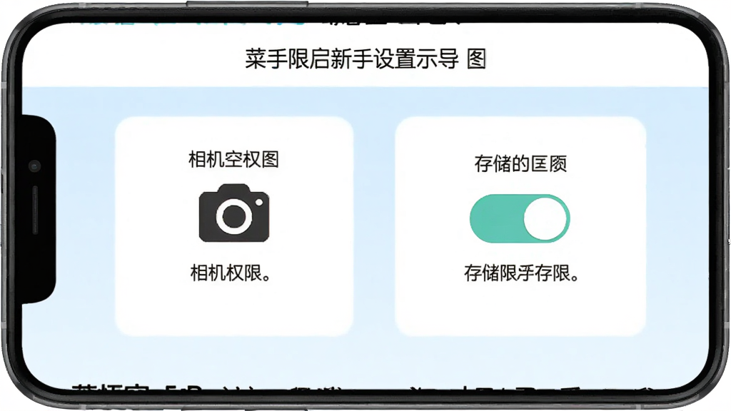 菜悟空ERP新手设置引导界面,手机屏幕显示权限开启步骤示意图,包含相机权限和存储权限的开关按钮图示,界面配有简单的文字说明,风格简洁明了,以白色和浅蓝色为主色调,画质干净清晰