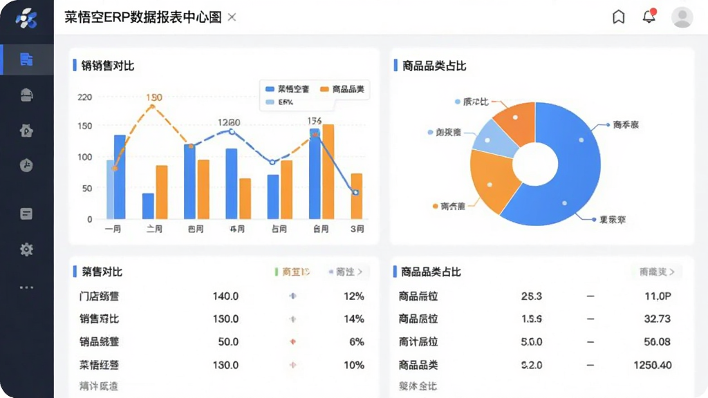 菜悟空ERP数据报表中心界面,手机屏幕显示彩色柱状图和饼状图,图表展示不同门店的销售对比和商品品类占比,图表下方有详细的数字列表,界面设计现代简洁,以蓝色和橙色作为图表主色,背景干净,画质清晰